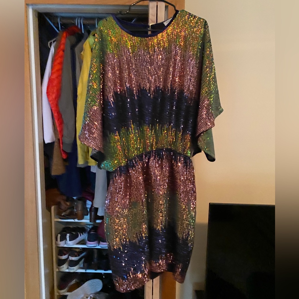 Sequined multi-color dolman sleeve dress.